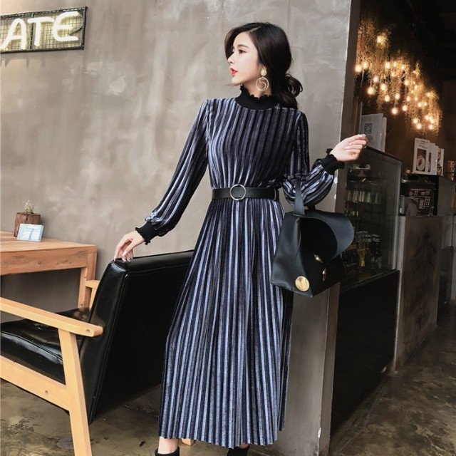 レディース ワンピース ロング丈 長袖 ボーダー Aライン ウエストマーク レトロ きれいめ シンプル 春夏 お出かけ デートレッド ブルー Officewalaa オフィスワラア レディースファッション スタイル