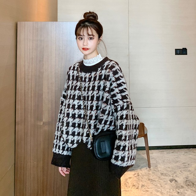 秋冬コーデに 千鳥柄 フェミニン レディース ニット セーター カジュアル ゆったり 長袖 デイリー デート お出かけ オルチャン Ptnym2519 Shop Suba