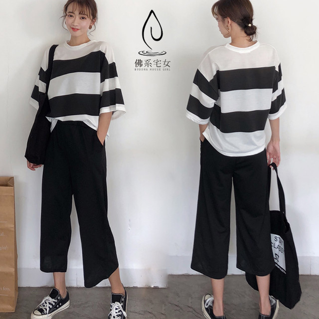太ボーダーtシャツ ワイドパンツ セットアップ 五分袖 ラウンドネック ゆったりスリーブ 体系カバー レディース トップス 18春夏 8line Mart