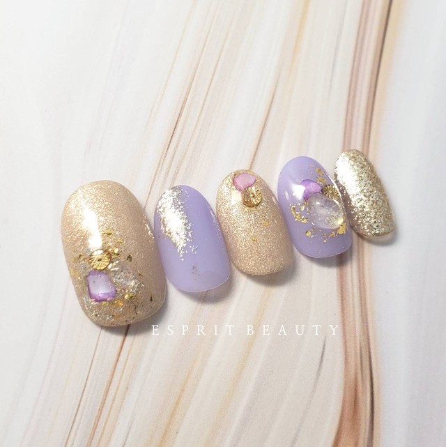 No 75 シャンパンゴールド パープル ゴールドパ シェル 天然石 クオーツ ワンカラー ブライダル 成人式 ニュアンスネイル ネイルチップ Esprit Beauty ネイルチップ販売