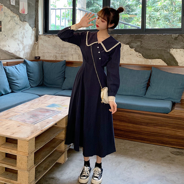 レトロワンピース セーラー風 ビッグカラー 襟 大人可愛い ガーリー 甘め オルチャン 韓国ファッション ｇｄｒ