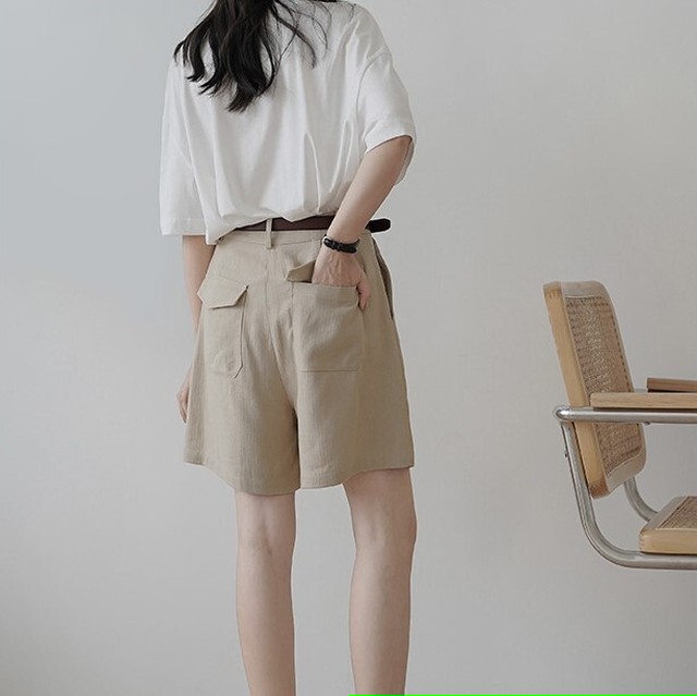 即日発送 60 Off Sale コットンリネン ショートパンツ ベージュ シンプル 無地 ワイドレッグ ハイウエスト 夏 カジュアル 着回し力 リゾート 休日コーデ デート Fleur