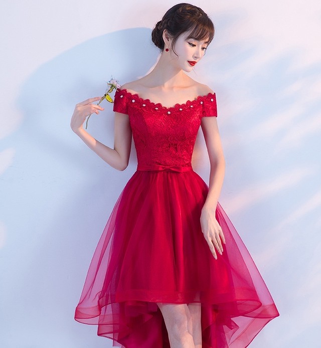 Duox X0025 超かわいい ひざ上丈 変形裾 背中見せ ワインレッド 結婚式 ドレス お呼ばれ ワンピース 代 30代 40代 二次会 親族 フォーマル 19新作ドレス Onlythebestオンリーザベスト