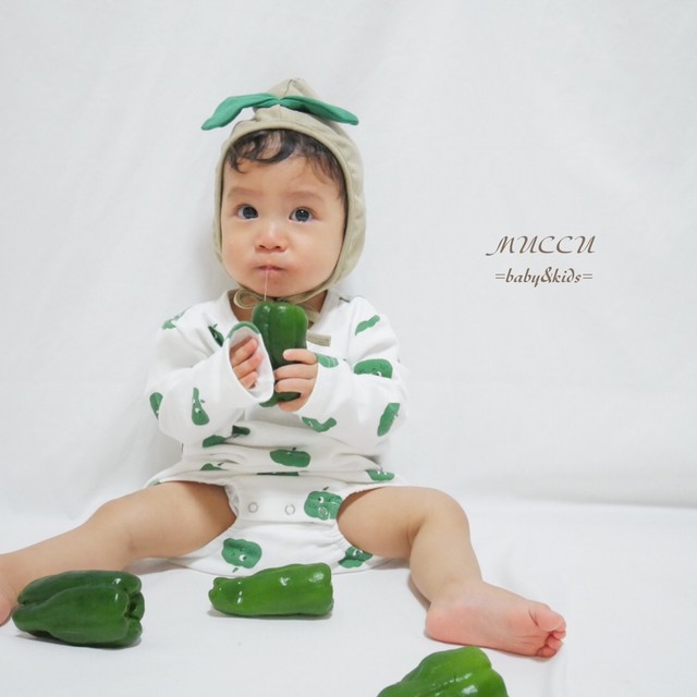 送料無料 可愛いすぎるなりきりセット ピーマン バナナ ストロベリー ロンパース ヘタ付き帽子 66cm 90cm 赤ちゃん 男の子 女の子 兄弟 姉妹 双子 ペアコーデ お揃い ハロウィン ハーフバースデー お誕生日 出産祝い Muccu Baby Kids