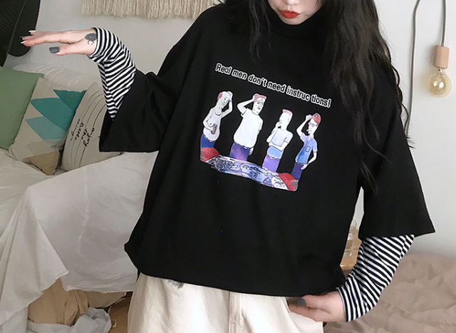 トップス ボーダー ロンt Tシャツ ハイネック 人プリント レイヤード風 重ね着風 ストリート カジュアル スポーティ ガーリー メンズライク 黒 白 グレー Prism One プリズム ワン