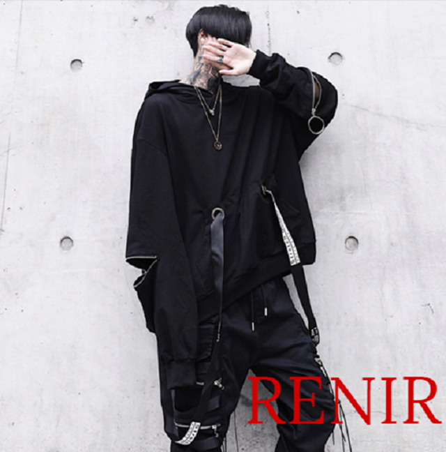 Renir レニール メンズ パーカー ストリート系 黒 フード ブラック モード系 アウター ゆったり 紐付き 個性的 Renir レニール メンズファッション レディースファッション