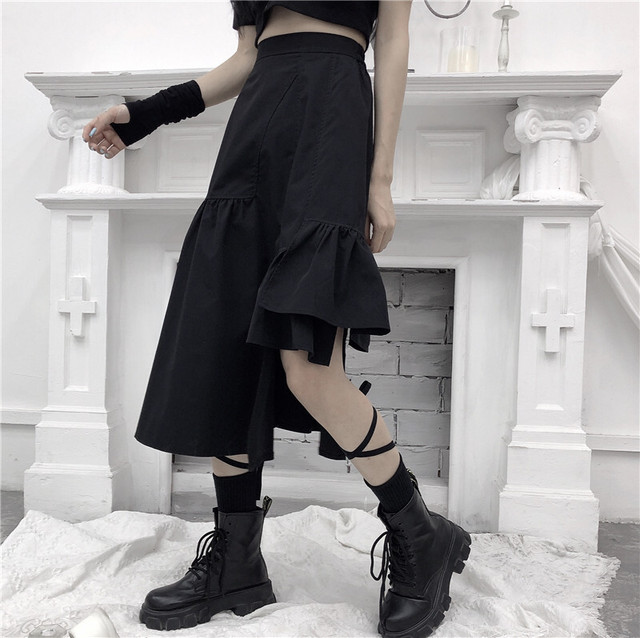 ゴスロリ スカート ミモレ丈 アシンメトリー フレアスカート ハイウエスト スタイリッシュ 病み可愛い 韓国 オルチャン 原宿系 10代 代 Dressyなモード系 ゴシック専門店 Ladies Fashion Seasonz
