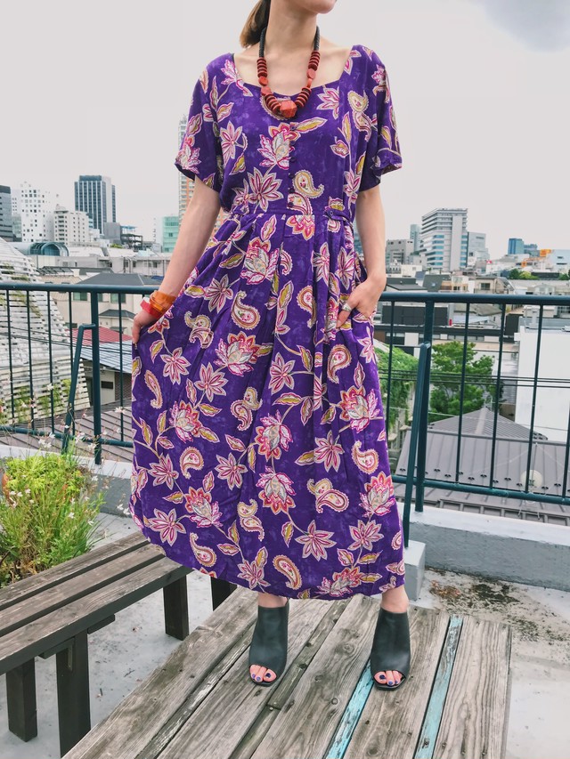 Vintage Purple Paisley Leaf Print Rayon Dress ヴィンテージ パープル リーフ柄 レーヨン ワンピース Riyad Vintage Shop
