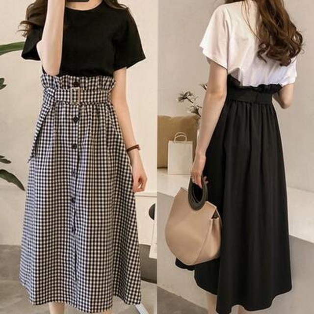 全2色 セットアップ レディース エレガント 可愛い おしゃれ 春 春夏 春秋 スカートセット 半袖 Tシャツ カットソー ハイウエスト 着痩せ フェミニン ミモレ丈 大きいサイズ 上下セット きれいめ チェック ホワイト 白 ブラック 黒 代 30代 40代 50代 Like Fashion