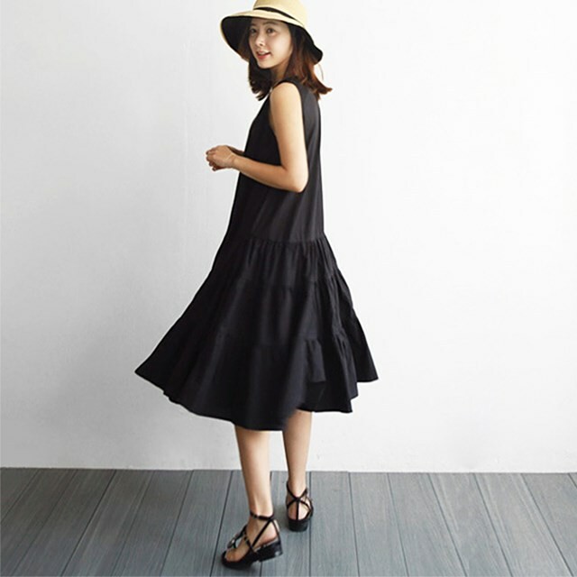 Lサイズ ノースリーブ ティアード ワンピース 黒 フレア Aライン 春夏 フェミニン Vivam