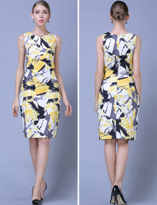 レモンイエローを使った タイト ワンピース ノースリーブ 総柄 大人 ひざ丈 きれいめ お出かけ オフィス 通勤 夏 通販 小さいサイズ La Pausa Tokyo