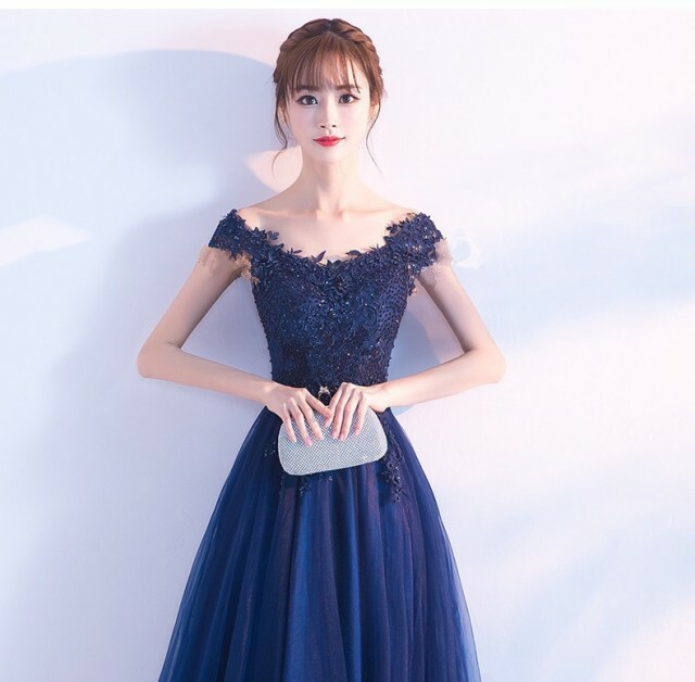 Mサイズ エレガントブルー ワンピース パーティードレス 演奏会 2次会 結婚式二次会 キャバ ワンピ フォーマル 衣装 披露宴 お呼ばれ 花柄 Aio Online Store