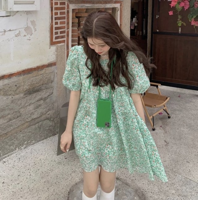 レディースファッション ミニワンピース 花柄 フレア グリーンコーデ 春夏コーデ 新作 More Lluze モア ルーゼ