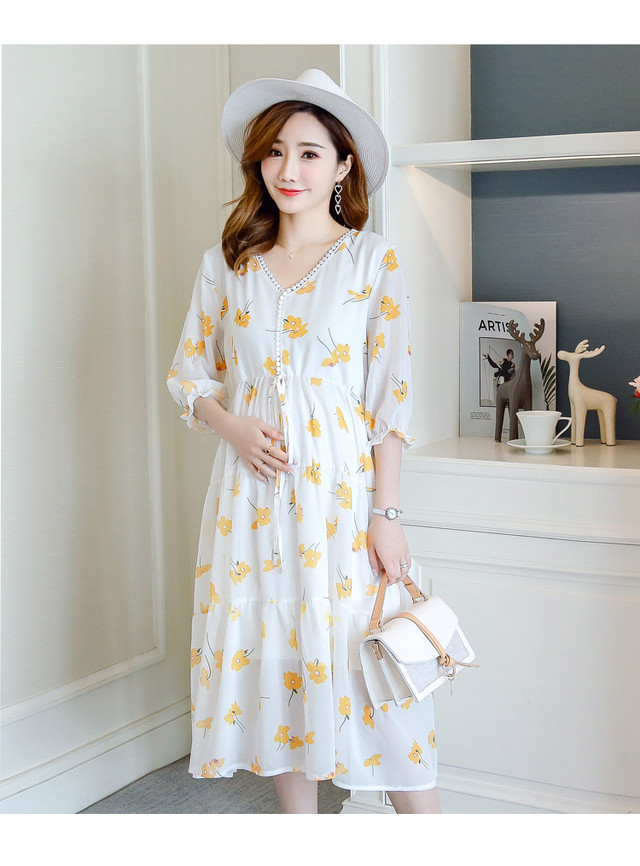 黄色の小花柄が夏らしい シフォン マタニティワンピース マタニティーワンピース専門店 Ninpuku