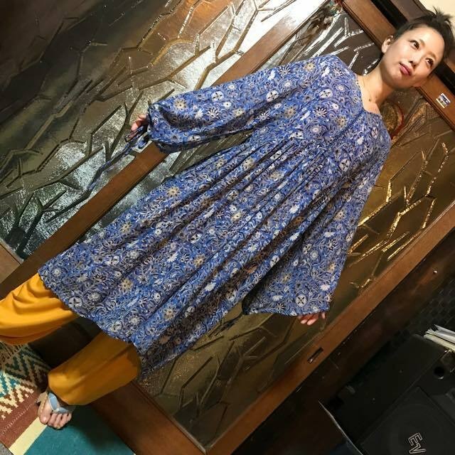 マライカ ボタニカルブロックプリントワンピース ブルー のんき屋 大阪富田林