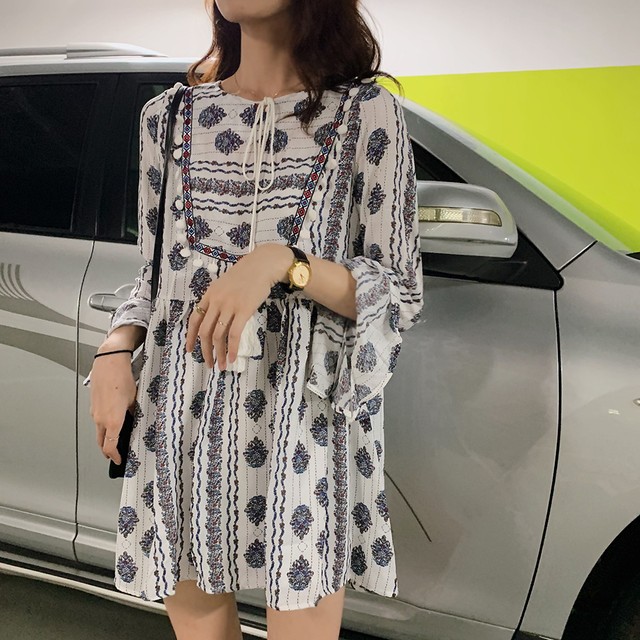 ボヘミアン ワンピース 総柄 フレアスリーブ ミニ 膝上丈 長袖 春夏 大人コーデ ビーチリゾート ｍ942 Girls Ladies Fashion ユーユアユー