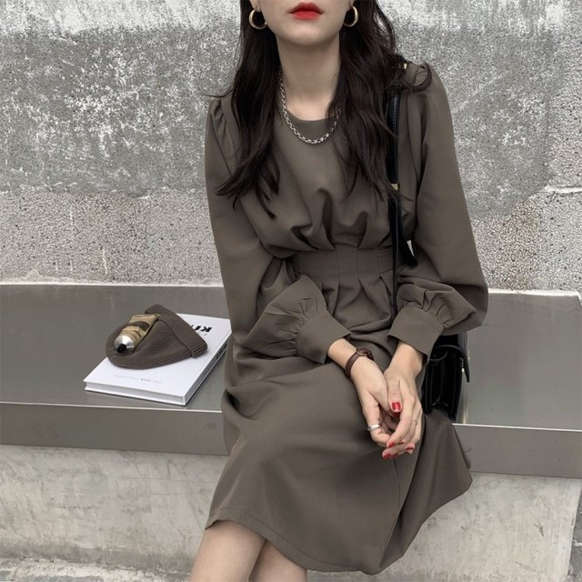 ワンピース 秋冬 韓国 ファッション 秋服 レディース ミモレ丈 フレアワンピース グレイッシュカラー お呼ばれ フォーマール オフィス カジュアル ワンピ 大人可愛い シンプル ゆったり ワンピース Vestito