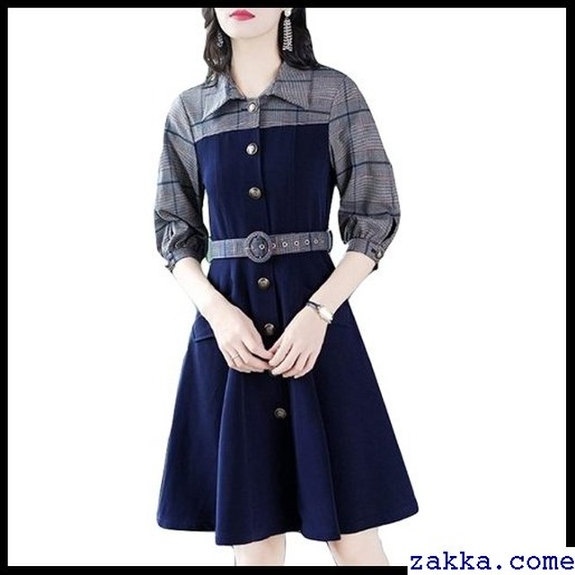 英国風 フロントボタン オフィス ママ フレア お嬢様 襟 Aライン ワンピースドレス ベルト付き Kkk