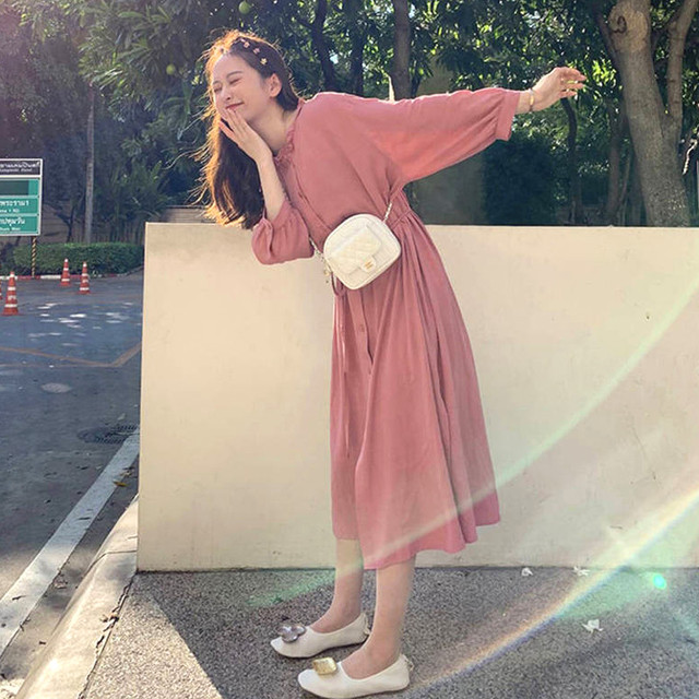 シャツワンピース ミモレ丈 フリル襟 ウエストマーク 春 秋 10代 代 30代 40代 フェミニン デート Y0555 Sunny Place