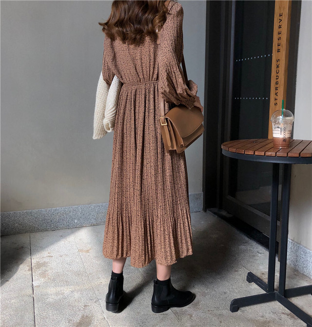 レディース ワンピース ロング ワンピース ドレス 長袖 ランタンスリーブ リボン 小花柄 ロング丈 ａライン スカート ワンピース 春秋 シンプル レトロ おしゃれ ゆったり 大人可愛い お出かけ デート 通学 学生 キャンパス 旅行 普段着 アプリコット ブラック 黒 Hf