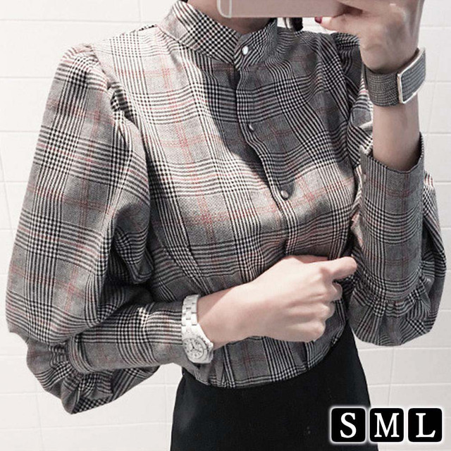 ブラウス レディース グレンチェック柄 トップス 立ち襟 ウエストリボン シャツ チェック柄 S M L 長袖 体型カバー お洒落 かわいい シャツ Infini Arc En Ciel