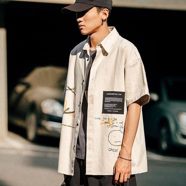 予約販売 シャツ 半袖 メンズ ワークシャツ 落書き オフホワイト グレー シンプル オーバーサイズ こなれ感 お洒落 韓国 トレンド 春 夏 M L Xl 2xl Favoriteselect