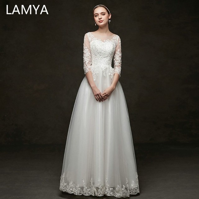Lamya ハーフレーススリーブウェディングドレス プリンセス 大きめサイズ エレガントなaラインレースアップリケローブデマリアージュ Amitiel