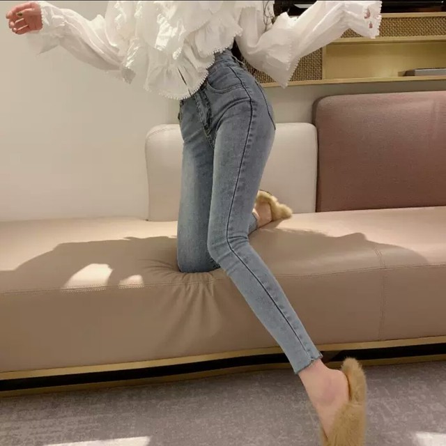 ハイウエスト スリム ペンシル デニム パンツ ボトムス スキニー 細見え 大人 可愛い キレイめ カジュアル シンプル お出かけ お買い物 デート 女子会 春 夏 秋 通学 学生 通勤 韓国ファッション Like Fashion