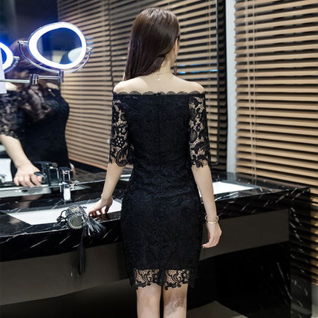 流行 オフショルダー黒レースパーティードレス タイト セクシー Bianka