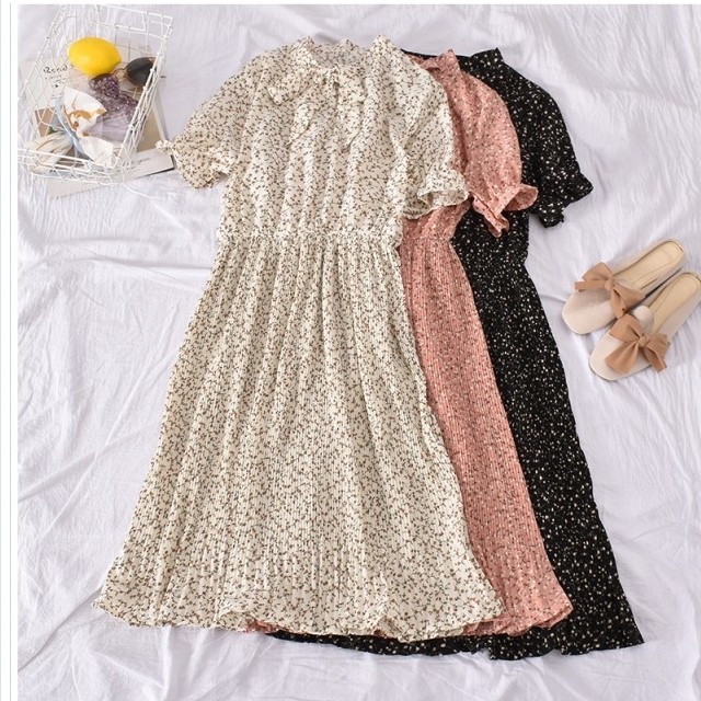 ワンピース 小花柄 小花柄 フラワー ガーリー スミレ 紫 レーヨン 開襟 半袖 前開き ワンピ ロング丈 M Basecamp49