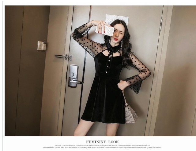 パーティードレス 結婚式 二次会 ワンピース 大きいサイズ ベロア ワンピース ドレス フリルスリーブ シースルー ドット柄 長袖 フレア Basecamp49