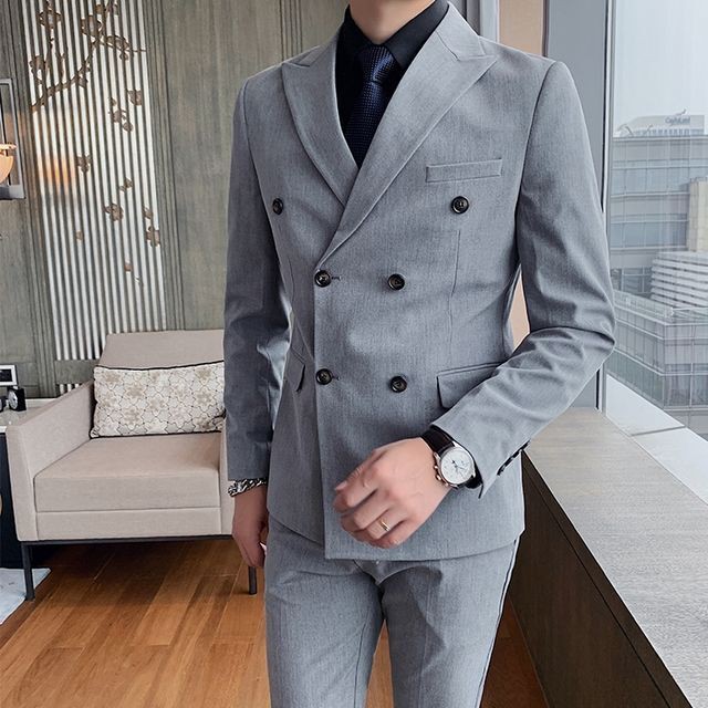 予約販売 メンズ スーツ ダブル 無地 シック ブラック ベージュ ブルー グレー ジャケット パンツ セット セットアップ パーティ 二次会 同窓会 結婚式 韓国 トレンド M L Xl 2xl 3xl 4xl Favoriteselect