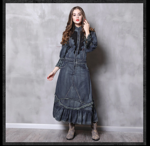 レトロ レディース ワンピース 裾フリル ロングデニムワンピース 七分袖 レース 透かし編み 切りっぱなし ダメージ ローウエスト Rmd51 Top Mode
