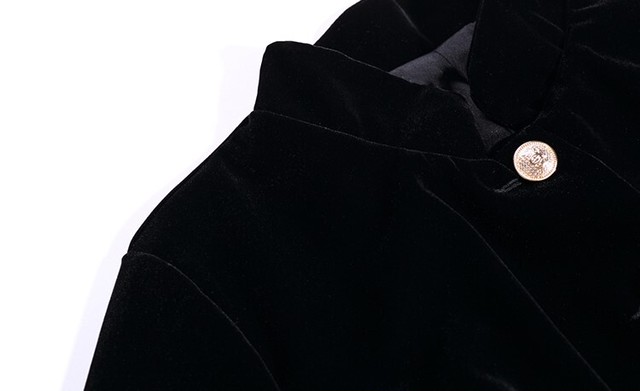 ベロアワンピース ドレス 詰め襟 ハイネック フロントボタン ミディアム丈 フレア ブラック 秋 冬 エレガント 上品 大人きれい 韓国 オルチャン Like Fashion