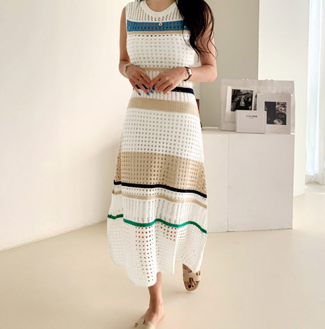 スリップ付配色ニットワンピースレディー ス 韓国 ファッション ワンピース ロング ロングワンピース スリーブレス ノースリーブ ボーダー ニット ニットワンピース 配色 パンチングニット 春 夏 おでかけ おしゃれ 大人カワイイ Rmd10 Top Mode