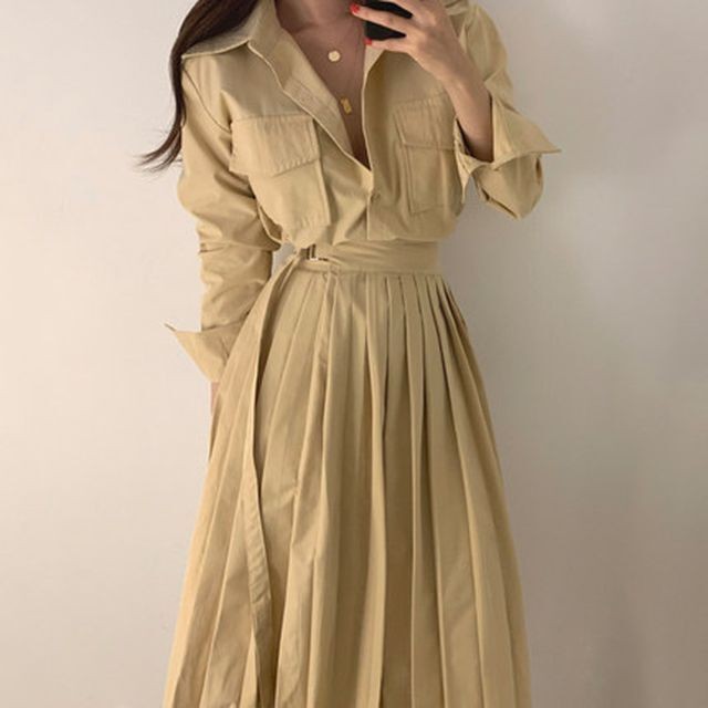 レディース ワンピース 秋 冬 長袖 シャツカラープリーツワンピース ロング丈 ウエストマーク きれいめ 上品 ミモレ丈 プリーツ フェミニン きれいめカジュアル カジュアル 秋冬 ネイビー イエローベージュ S Xlサイズ Ukiukionepicec