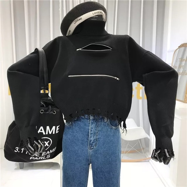 ニット ファスナー ダメージ ダメージ加工 海外ファッション 冬服 トップス 海外インポート 送料込 Queen Of Liberty