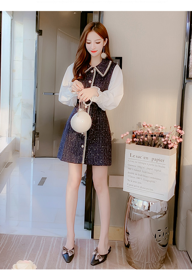 ワンピース 長袖 ミニ丈 ツイード ビジューボタン きれいめ 上品 大人可愛い デート お出かけ 秋 ｇｄｒ