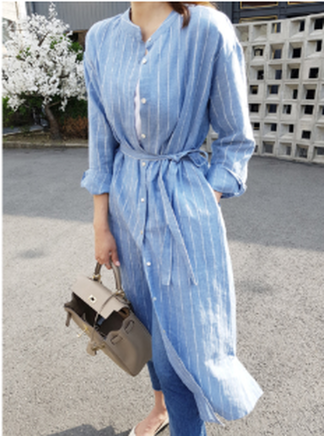 シャツワンピース ロング丈 長袖 白 ブルー ストライプ シャツワンピース 春 新作シャツワンピース 大きいサイズ バンドカラー スタンドカラー 前あき ナチュラル Rightsight