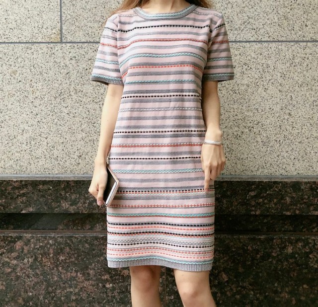 ボーダーサマーニットワンピース カラフル 半袖 膝上丈 ゆったり 体型カバー 楽ちん カジュアル お出かけ 通勤 通学 レディース ワンピース 夏 Lalas