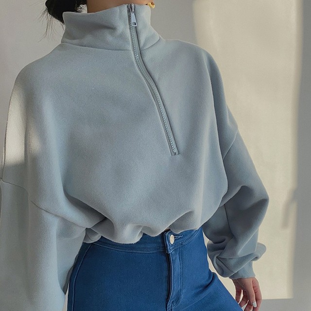 ハイネック ジップ スウェット トレーナー トップス レディース ジップアップ 長袖 春 長袖 ハイネック ハーフジップ ショート丈 ビッグシルエット ボリュームスリーブ Officewalaa オフィスワラア レディースファッション スタイル