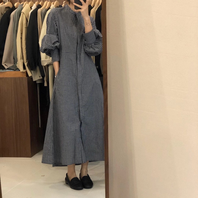 ワンピース レディース 春夏 秋冬 春 夏 秋 冬 シャツワンピース ゆったり ミモレ丈 ロングワンピース チェック柄 ボリューム袖 バルーン袖 チェック柄ワンピース Aライン マキシワンピース ミモレ丈 楽チン ネイビー オフィスカジュアル きれいめ Ol 10代 代 30代 40代