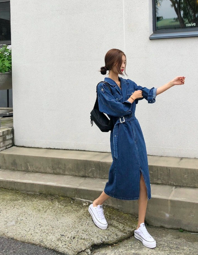 デニム ワンピース デニムワンピース シャツワンピ 長袖 襟付き ミモレ丈 スリット タイト オシャレ カジュアル 秋冬 オールシーズン ウッディーベース1号店