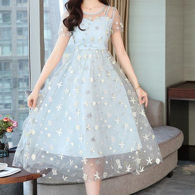 刺繍 チュールドレス ロング丈 Aライン 透け感 シースルー 半袖 ワンピース レディース フォーマル 結婚式 お呼ばれ ドレス 代 30代 二次会 ワンピース パーティー ドレス R0046 Aeka Clothet Partydress