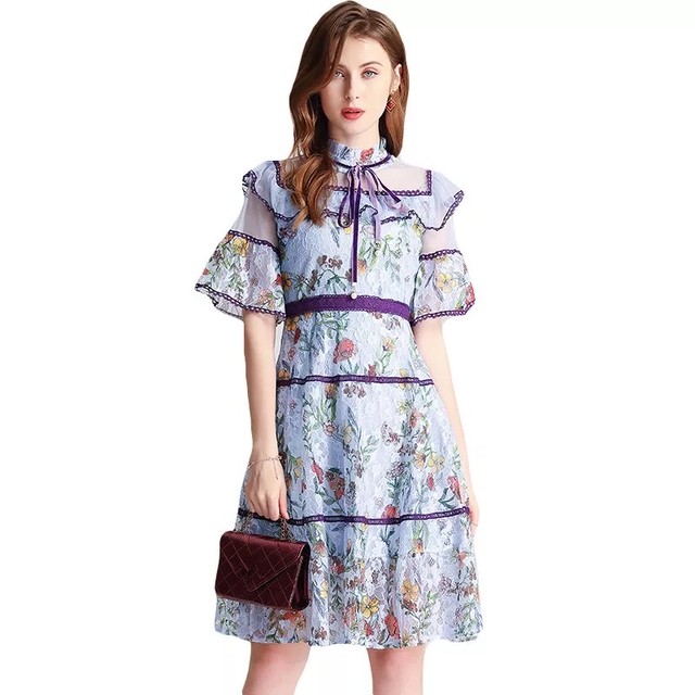 優雅な花柄 フリルレースワンピース パープル Elfriede