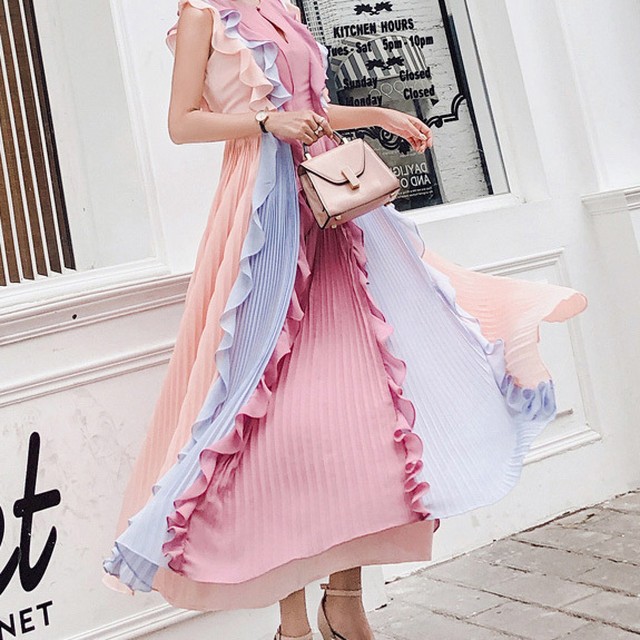 ワンピース ドレス プリーツ マキシ丈 パステルカラー フェアリーカラー イブニングドレス ハイウエスト ノースリーブ フレアスリーブ フリル デート パーティー ドレス カラフル Preirie East プレイリー イースト