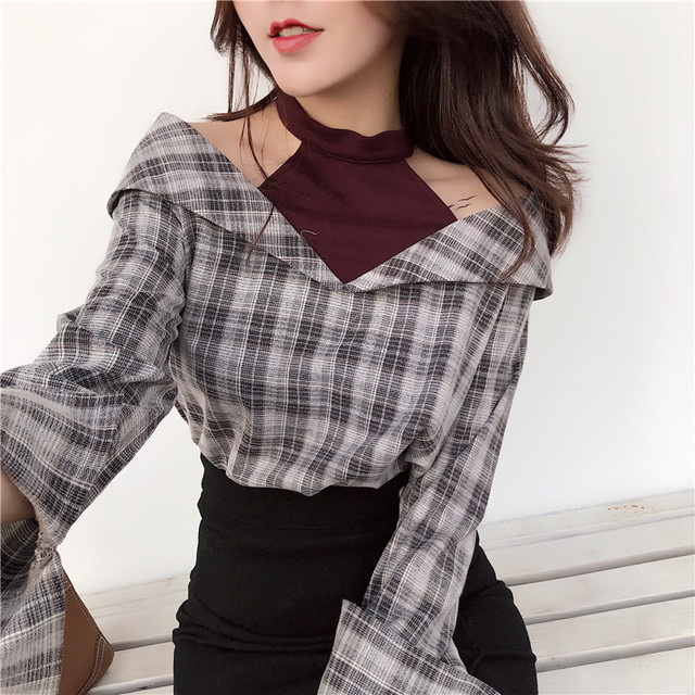 タータンチェック トップス チェックシャツ レディース レイヤード風 シャツ 肩出しトップス オフショル ゆったり 春ブラウス グレー ピンク 大きいサイズ 韓国 1037 Idear