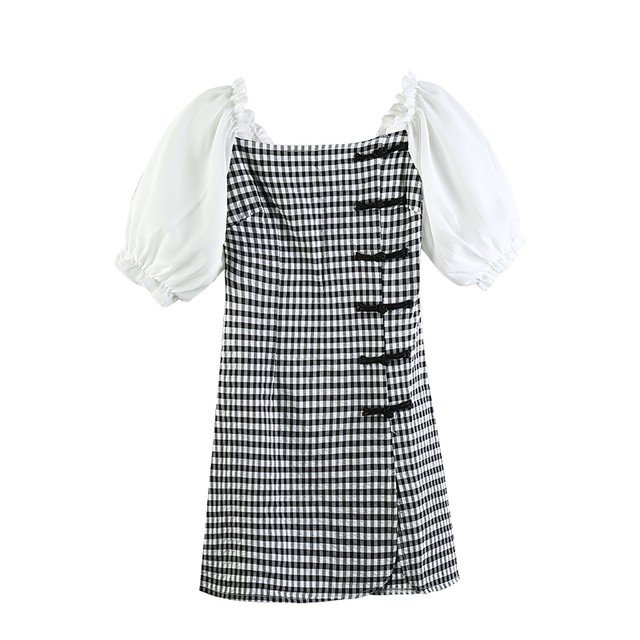 袖切替チェック柄チャイナ風ワンピース サイドスリット ミニ丈 大人可愛い セクシー 春夏 お出かけ デート 五分袖 ハイウエスト バブルスリーブ モノトーン Arroser