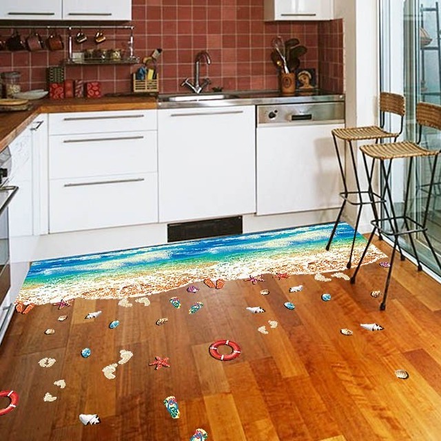 ウォールステッカー 床用 うち際の波 砂花 貝殻 だまし絵 トリックアート インテリアステッカー Diy 剥がせる Peachyshop