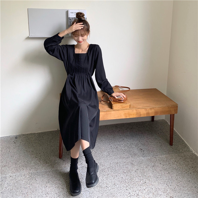レディース ワンピース 春 秋 冬 シャツ ワンピース 長袖 ロング丈 スクエアネック ワンピース シンプル カジュアル おしゃれ ガーリー 大人可愛い お出かけ デート 通学 キャンパス 通勤 オフィス 学生 旅行 女子会 普段着 ブラック カーキ 黒 Hf Haru Foo